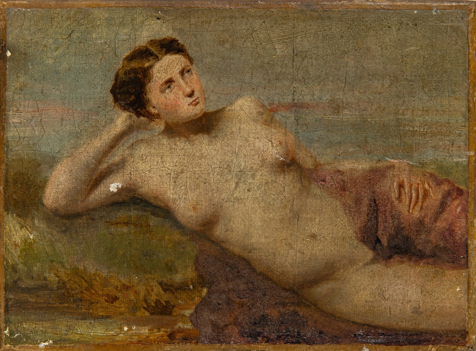 European School: 19th Century Reclining Nude Oil on canvas 5 1/2 x 7 1/2 inches (14 x 19 cm) Unframed
