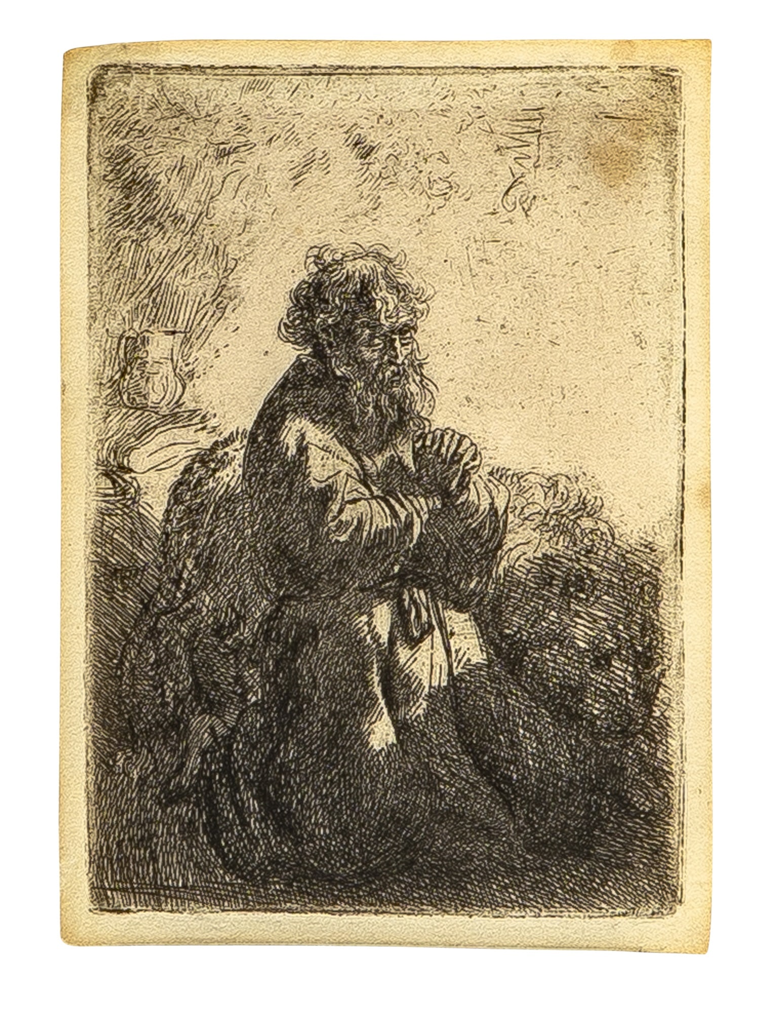 Rembrandt van Rijn (1606-1669): ST. JEROME KNEELING IN PRAYER, LOOKING DOWN (BARTSCH, HOLLSTEIN 102; NEW HOLL. 142) Etching, 1635, a good but later impression, with small margins, Usticke's third state of three, framed. Plate 4 5/8 