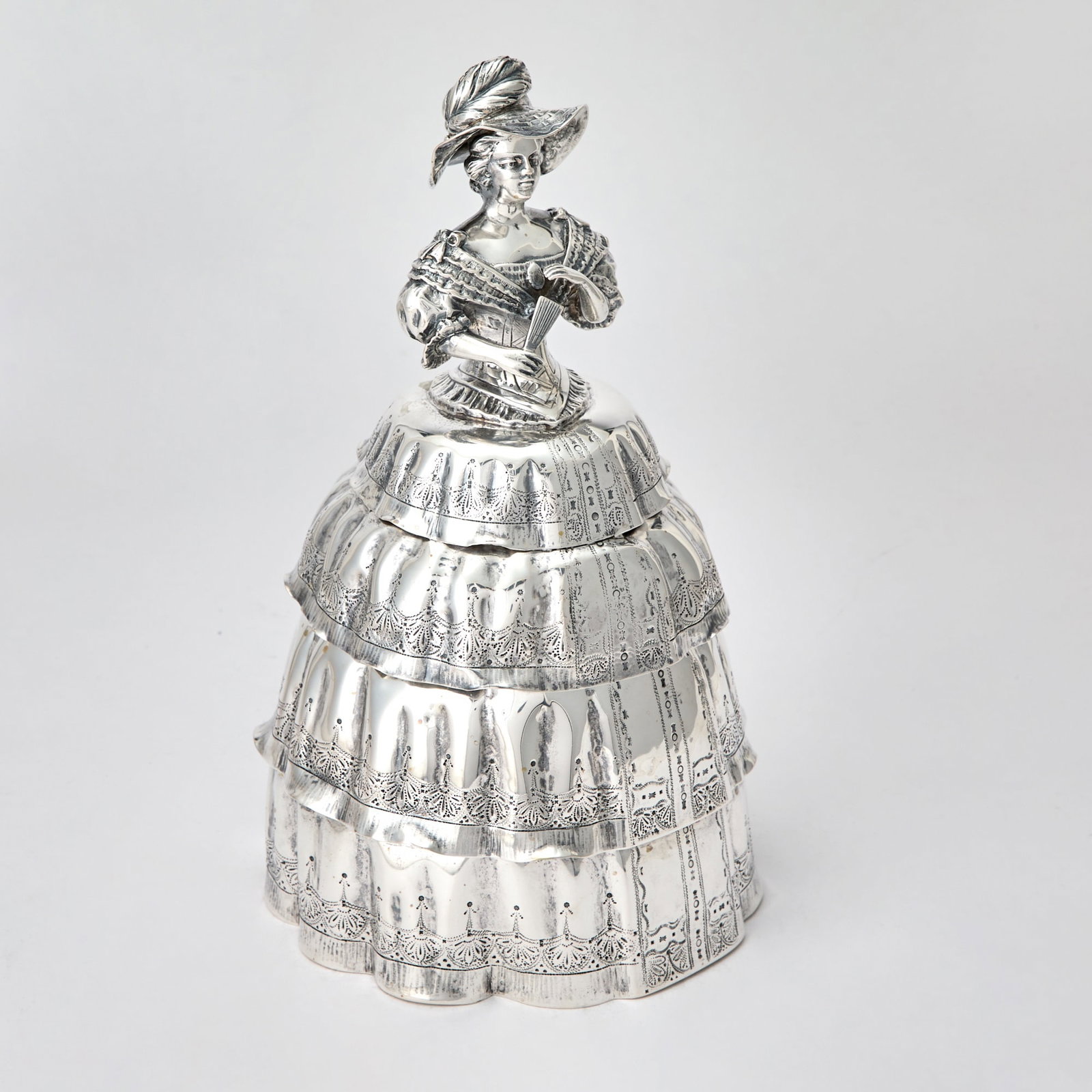 Continental Novelty Silver Figural Biscuit Jar: Weinranck & Schmidt, Hanau, late 19th/early 20th century In the form of a woman in antique dress. Height 12 inches (30.4 cm), approximately 38 ounces.