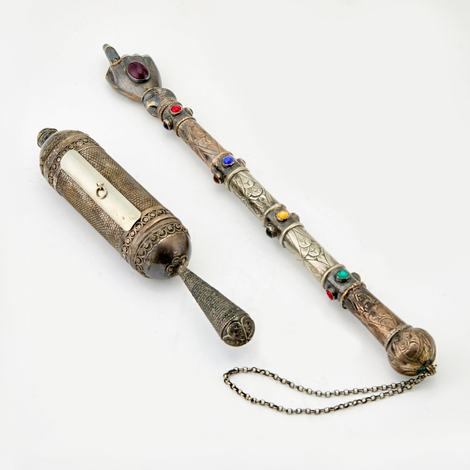 Continental Silver and Jeweled Torah Pointer: Length 14 inches (35.4 cm); Together with Silver Megillah, length 8 1/2 inches (21.5 cm). Provenance of torah pointer: Sotheby's PB Eighty-Four, New York, February 14, 1978, lot 97