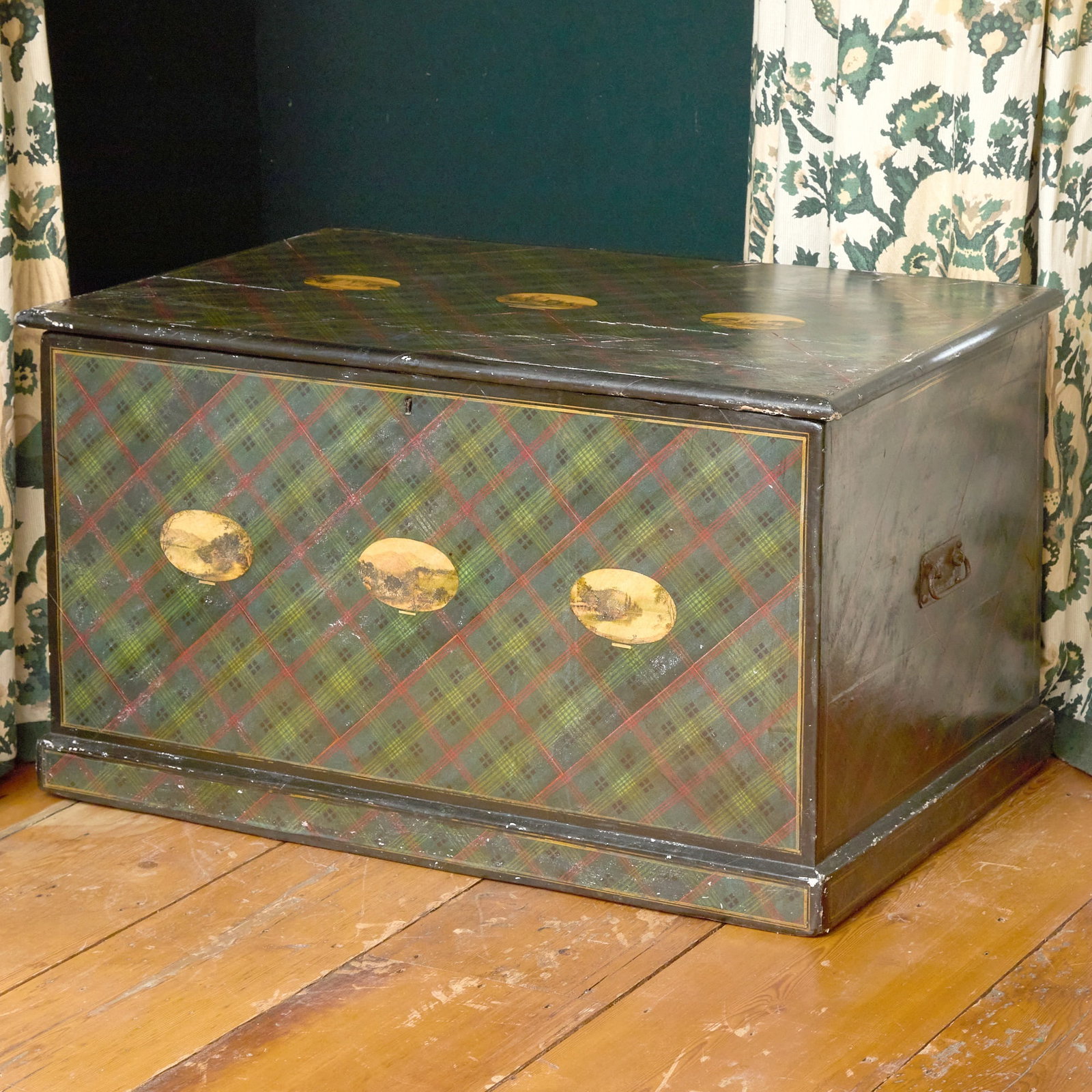 Victorian Tartanware Painted Wood Trunk: Late 19th century With glass top Height 22 inches, width 23 1/2 inches, depth 38 inches
