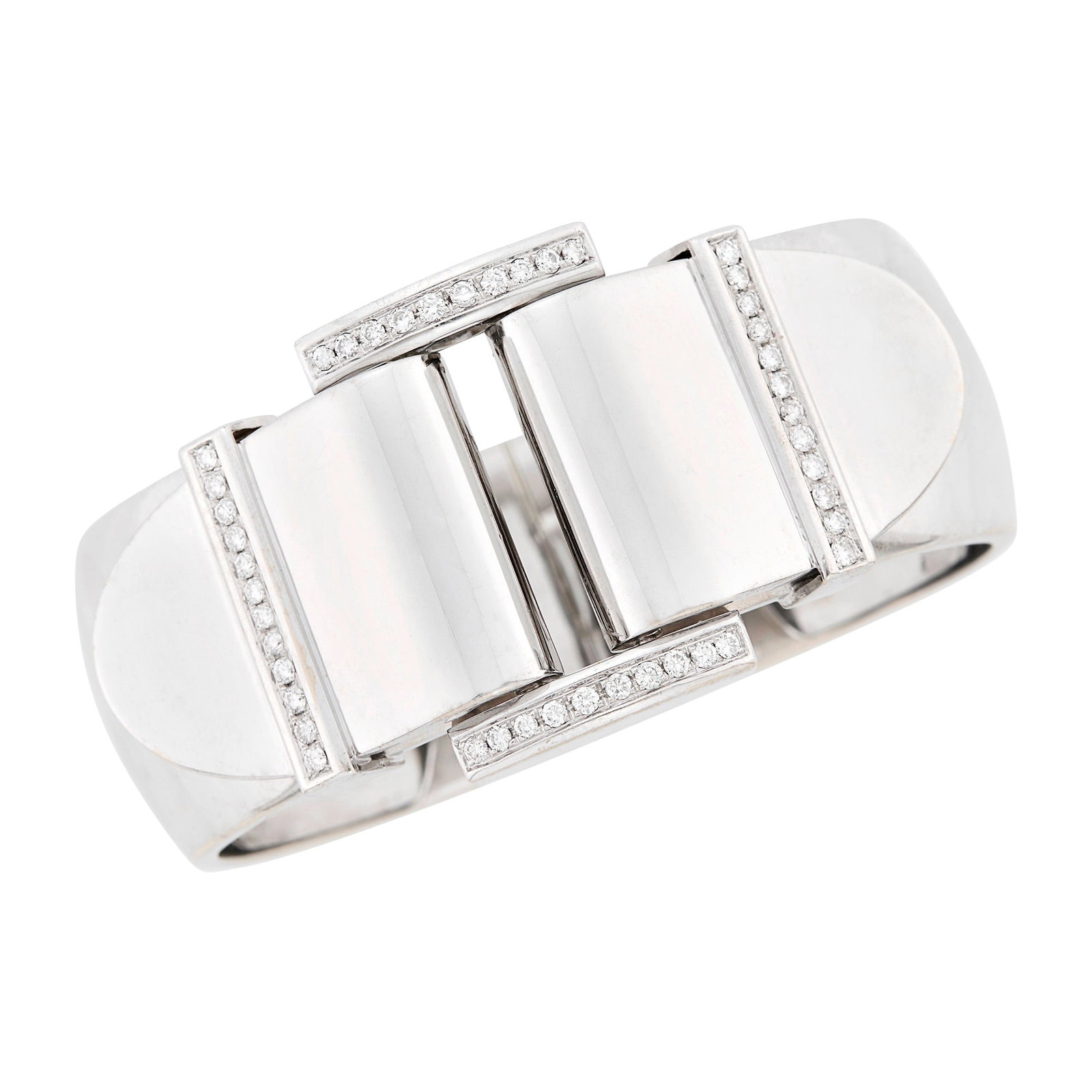 White Gold and Diamond Buckle Cuff Bangle Bracelet: 18 kt., 44 round diamonds ap. 1.30 cts., ap. 55.8 dwts. Inner cir. 6 7/8 inches.