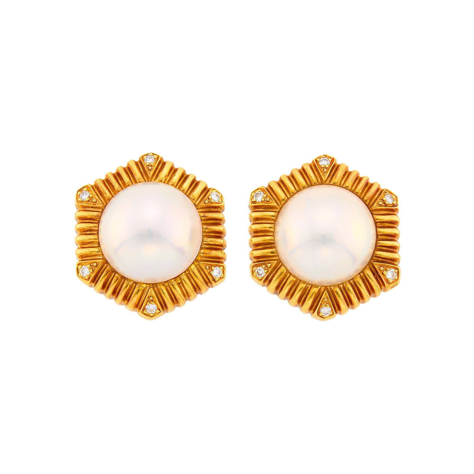 Bulgari Pair of Gold, Mabé Pearl and Diamond Earclips: 18 kt., 2 mabé pearls ap. 16.0 mm., 12 round diamonds ap. .35 ct., signed Bulgari, ap. 19 dwts.