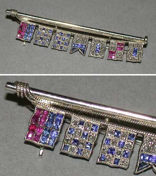 Nautical Flag Pin: Nautical Flag Pin 14 kt. white gold, designed as seven nautical flags variously set with assorted small diamonds, sapphires and rubies.