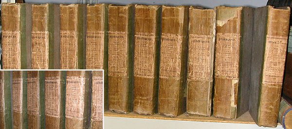 SHAKESPEARE, WILLIAM Works: SHAKESPEARE, WILLIAM Works Wood engravings by John Thompson. 10 vols. 12mo, original boards with paper spine labels. Hinges cracking, labels soiled and worn, covers frayed. A. Edward Newton bookplate