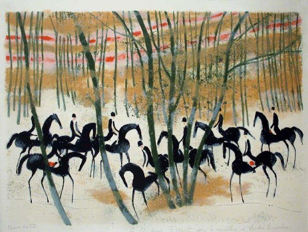 Andre Brasilier CAVALIERS SUR LA NEIGE Color lit: Andre Brasilier CAVALIERS SUR LA NEIGE (PICHON 40) Color lithograph, 1970, signed, dedicated and inscribed Epreuve d'artiste in pencil, pale lightstain, otherwise in apparently good condition, with ma
