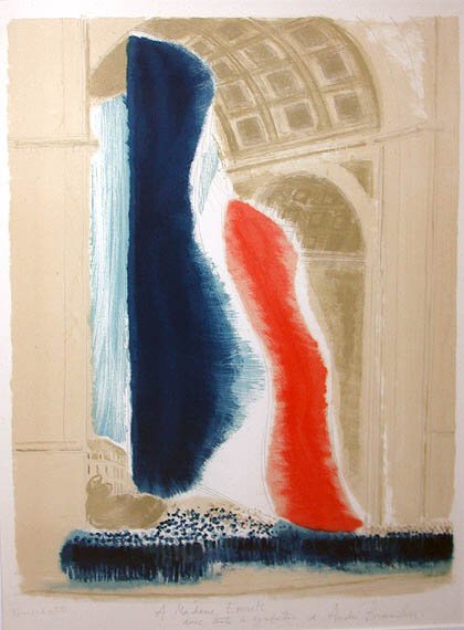Andre Brasilier, Arc de Triomphe, lithograph: Andre Brasilier L'ARC DU TRIOMPHE (P. 94) Color lithograph, signed, dedicated and inscribed Epreuve d'artiste in pencil, lightstain, otherwise in apparently good condition, with margins, framed (unexa