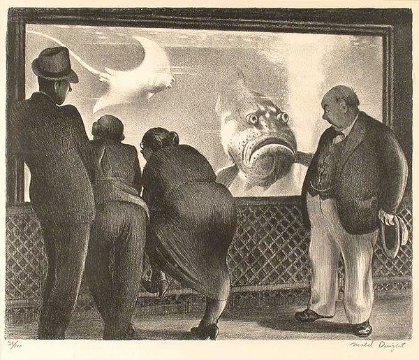 Mabel Dwight QUEER FISH Lithograph: Mabel Dwight QUEER FISH (ROBINSON/PIROG 80) Lithograph, 1936, signed and numbered 36/100 in pencil, on Rives, published by the American Artists Group, affixed with tape along top sheet edge verso to t