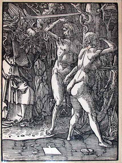 Ludwig Krug THE EXPULSION FROM PARADISE Woodcut: Ludwig Krug THE EXPULSION FROM PARADISE (HOLLSTEIN 2) Woodcut, circa 1515, with small margins, lightstain, a few tiny foxing spots in the margins and verso, otherwise in good condition, framed. 6 15/1