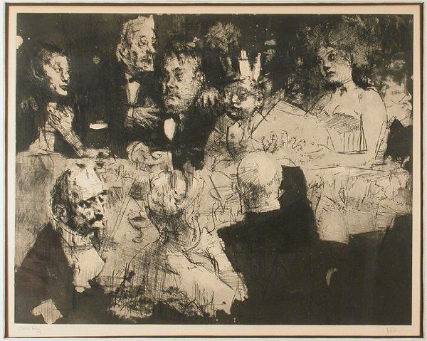 Jack Levine ELECTION NIGHT Etching, drypoint, mez: Jack Levine ELECTION NIGHT (PRESCOTT 55) Etching, drypoint, mezzotint and aquatint, 1969, signed and inscribed Artist's Proof, on Arches, lightstain and matstain, some tapestaining in the top and bott
