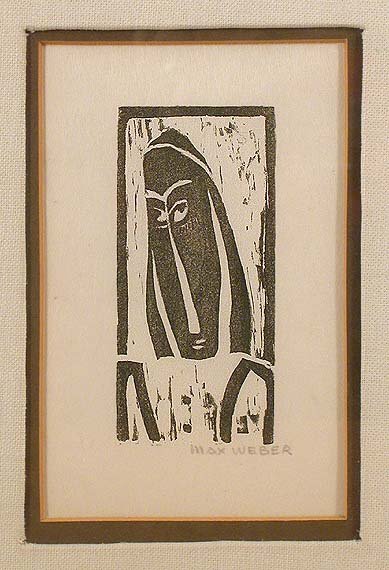 Max Weber [FIGURE] Woodcut printed in olive green: Max Weber HEAD AND SHOULDERS OF FIGURE (RUBINSTEIN 24) Woodcut printed in olive green, 1919-20, signed in pencil, on laid Japan, sheet folded back in half (6 1/4 inches), with image printed on left ha