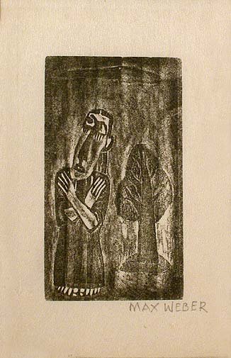 Max Weber [FIGURE BY A TREE] Woodcut printed in o: Max Weber INVOCATION (R. 27) Woodcut printed in olive green, 1919-20, signed in pencil, on laid Japan, sheet folded back in half (6 1/4 inches), with image printed on left half of sheet, very pale lig