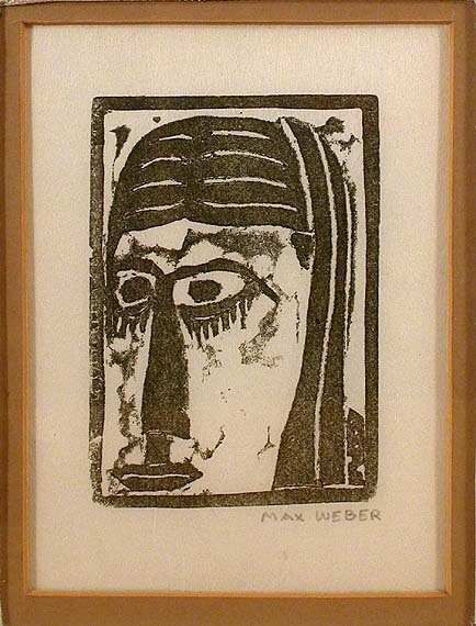Max Weber [FACE] Woodcut printed in olive green: Max Weber HEAD (R. 36) Linocut printed in olive green, 1920, signed in pencil, on laid Japan, very pale matstain, some old tape at right sheet edge and extreme top sheet edge with associated staining,