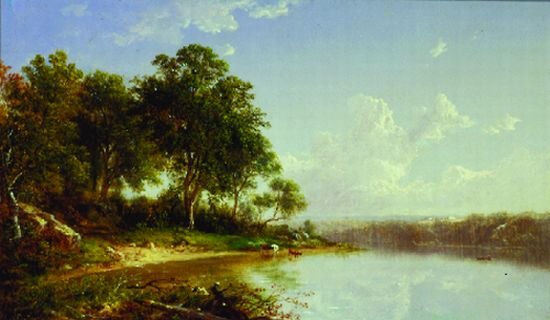 David Johnson 1827-1908 AFTERNOON ALONG THE BANKS O: David Johnson 1827-1908 AFTERNOON ALONG THE BANKS OF A RIVER Initialed DJ (ll) Oil on canvas 12 x 20 inches