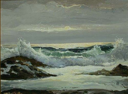 Robert Wood 1889-1979 LAGUNA SHORES: Robert Wood 1889-1979 LAGUNA SHORES Signed Robert Wood (ll), titled, dated June 1973, signed and stamped with copyright notice on the reverse Oil on canvas 14 x 18 1/4 inches