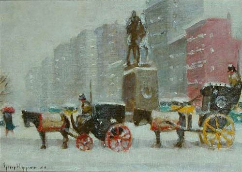Guy Carleton Wiggins 1883-1962 AT THE PLAZA: Guy Carleton Wiggins 1883-1962 AT THE PLAZA Signed Guy Wiggins. N.A. (ll) Oil on canvasboard 9 x 12 inches Exhibited: New York, Salmagundi Club, Thumb-Box Exhibition
