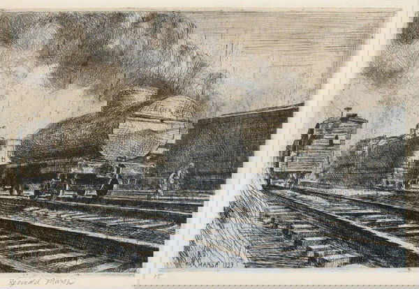 Reginald Marsh TANK CAR, RAIL Etching: Reginald Marsh TANK CAR, RAIL (SASOWSKY 86) Etching, 1929, signed and numbered 15 in pencil, some printer's ink in the margins and verso, unobtrusive creasing at sheet edges, otherwise in good conditi