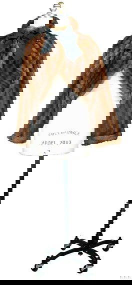 Beene Mink Bolero Jacket: Beene Mink Bolero Jacket American, early 1980s Cutaway, long raglan sleeve, notched collar with wide black grosgrain ribbon closure to tie as bow, brown silk lining with jacquard logo, size 8, labele