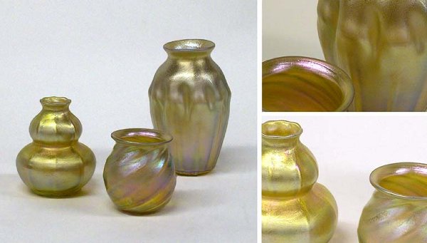 Group of Three Tiffany Studios Favrile Glass Vas: Group of Three Tiffany Studios Favrile Glass Vases In gold, comprising a double gourd form, ribbed ovoid form and swirling ribbed ovoid form, each signed and numbered. Height of tallest 4 3/4 inches.