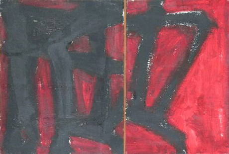 13: Myron Stout American, 1908-1987 UNTITLED Signed a: Myron Stout American, 1908-1987 UNTITLED Signed and dated M Stout 57 and M Stout 57 on the reverse of each canvas Oil on two canvases, framed together 23 5/8 x 19 inches, 23 3/4 x 16 inches