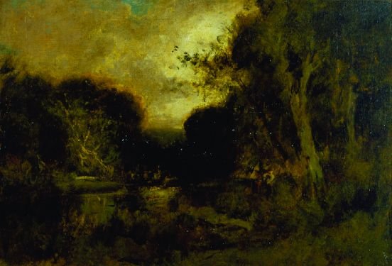 219: William Keith 1838-1911 FIGURES ALONG A WOODED STR: William Keith 1838-1911 FIGURES ALONG A WOODED STREAM Oil on canvas 15 3/8 x 22 inches Unframed