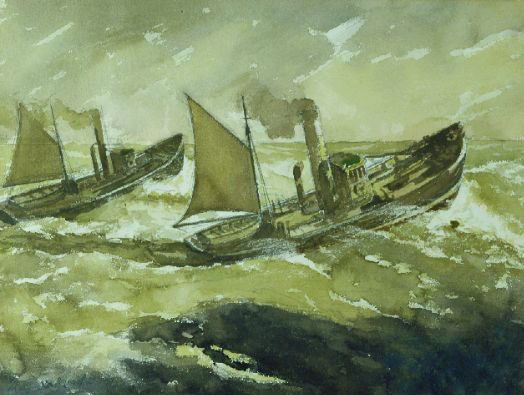 268: Reginald Marsh 1898-1954 SHIPS IN A STORM, circa 1: Reginald Marsh 1898-1954 SHIPS IN A STORM, circa 1947 Signed Reginald Marsh (ll) Watercolor and pencil on paper 19 1/8 x 24 inches Provenance: John Wallis, White Plains, New York (pos