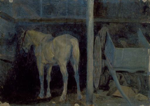 307: Peter Moran 1841-1914 WHITE HORSE, FORT STANTON, N: Peter Moran 1841-1914 WHITE HORSE, FORT STANTON, NEW MEXICO Oil on unstretched canvas 9 5/8 x 13 1/2 inches Provenance: Kennedy Galleries, Inc., New York