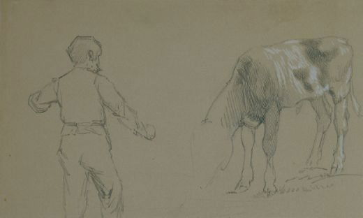 309: Peter Moran 1841-1914 (i) MAN APPROACHING HORSE (i: Peter Moran 1841-1914 (i) MAN APPROACHING HORSE Pencil heightened with white on paper 5 3/8 x 8 3/4 inches (ii) SOUP SPRING, ELKO Inscribed as titled (ur) and Soup Spring (ll) Pencil on blue/gray pap