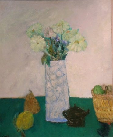 Guy Bardone French, b.1927 BOUQUET AU TAPIS VERT, 19: Guy Bardone French, b.1927 BOUQUET AU TAPIS VERT, 1963-'64 Signed Bardone (ll), titled and dated on the reverse Oil on masonite 29 x 23 1/2 inches