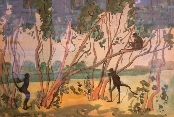 Jane Peterson American, 1876-1965 MONKEYS IN TREES: Jane Peterson American, 1876-1965 MONKEYS IN TREES: TWO Each signed Jane Peterson Watercolors heightened with white over pencil on watercolor board Each 15 x 21 7/8 inches