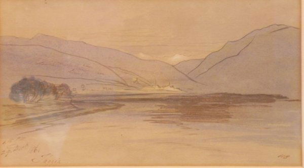 Edward Lear, British, 1812-1888 VIEW OF TAGGIA: Edward Lear British, 1812-1888 VIEW OF TAGGIA Inscribed 1.15 P 111 Taggia and dated 29 Dec. 1864 (ll) and numbered 118 (lr) Watercolor Sight 5 1/4 x 9 1/2 inches (13.