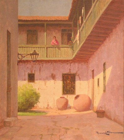 Ramos Catalan Chilean, b.1890 WOMAN ON A SUNLIT B: Ramos Catalan Chilean, b.1890 WOMAN ON A SUNLIT BALCONY Signed Ramos Catalan (lr) Oil on canvas 17 3/4 x 15 3/4 inches