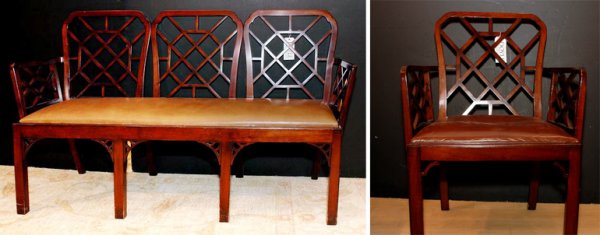 Pair of Georgian Style Mahogany Triple Chair Back: Pair of Georgian Style Mahogany Triple Chair Back Settees; Together with a Pair of Armchairs en Suite