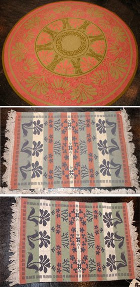 Edward Fields Round Rug: Edward Fields Round Rug Domestic, contemporary The central circular celadon medallion is within a rose floral border; Together with Two Flat Woven Machine Made Rugs. Diameter approximately 5 feet 1 i