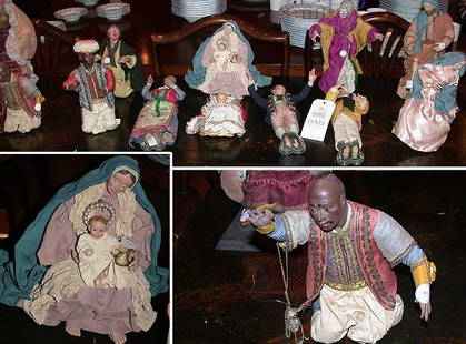 Group of Polychrome Wood and Gesso Cloth Dressed: Group of Polychrome Wood and Gesso Cloth Dressed Creche Figures Approximately thirteen pieces.