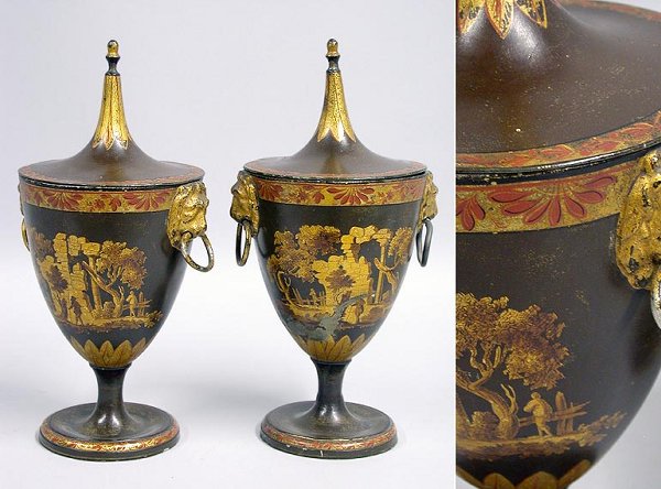 Pair of Regency Style Tole Peinte Chestnut Urns