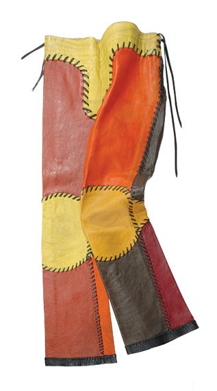 Stephen Burrows for O Leather Patchwork Pants: Stephen Burrows for O Leather Patchwork Pants American, 1960s Desert tones, the western inspired bell bottom low risers with black leather laced whipstitching around patches and as closure at waistba