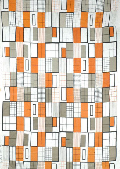 Angelo Testa Facade Fragment: Angelo Testa Facade Fragment American, 1950s Rust, griege and black windowpane style print on ecru linen, 52 x 70 inches. Excellent condition.