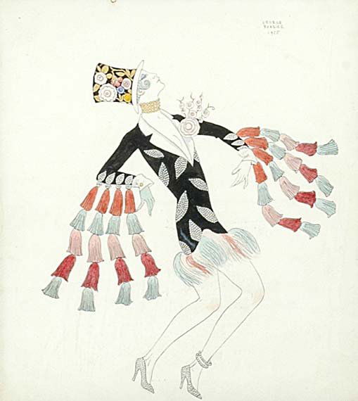 George Barbier Theater Illustration: George Barbier Theater Illustration 1925 Gouache on paper of woman dancing in black tuxedo dress and top hat, signed and dated, 9 1/2 x 8 1/2 inches. Excellent condition.