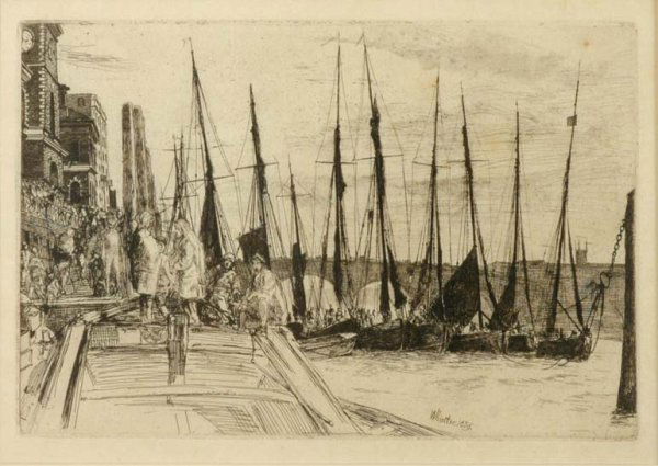 James Abbott McNeill Whistler BILLINGSGATE Etchin: James Abbott McNeill Whistler BILLINGSGATE (KENNEDY 47) Etching, 1859, pale matstain, a few foxing spots in the image top right, otherwise in good condition, with good margins, framed. 6 x 8 7/8 inche