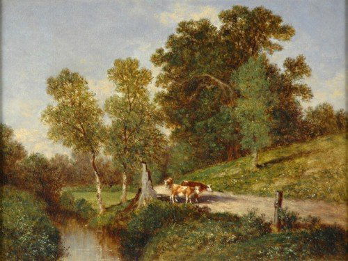 David Johnson 1827-1908 IN THE RAVINE, BORDEN'S F: David Johnson 1827-1908 IN THE RAVINE, BORDEN'S FARM, WALDEN, ORANGE CO. N.Y. Inscribed on the lining This inscription appears on the reverse side of/the original canvas:/In the "Ravine" Burden's-/Far