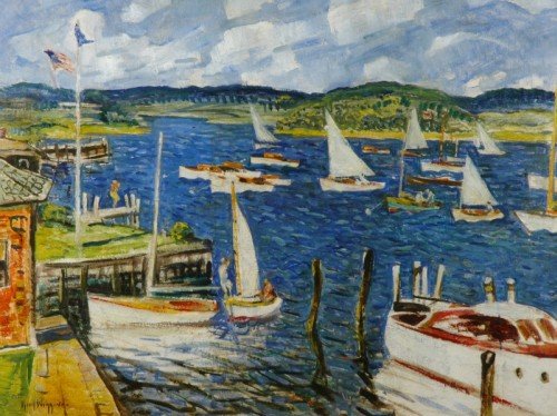 Guy Carleton Wiggins 1883-1962 BOAT RACE, ESSEX: Guy Carleton Wiggins 1883-1962 BOAT RACE, ESSEX Signed Guy Wiggins (ll) and inscribed 'Boat Race'/Essex and Guy Wiggins on the reverse Oil on canvas 29 7/8 x 39 3/4 inches