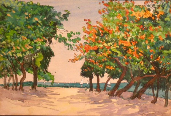 Jane Peterson 1876-1965 BLOSSOMING TREES BY THE S: Jane Peterson 1876-1965 BLOSSOMING TREES BY THE SHORE, FLORIDA Watercolor and pencil heightened with white on watercolor board 15 x 22 inches