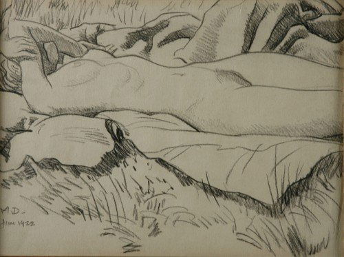 Maynard Dixon 1875-1946 NUDE SUNBATHING, #88: Maynard Dixon 1875-1946 NUDE SUNBATHING, #88 Signed M.D. and dated June 1922 (ll); inscribed as titled on the reverse Black chalk on paper 9 x 12 inches