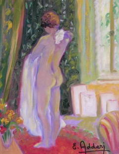 Elyane Addari 20th Century MODEL A L'ATELIER: Elyane Addari 20th Century MODEL A L'ATELIER Signed E. Addari (lr) and inscribed as titled on the reverse Oil on canvas 14 x 10 3/4 inches
