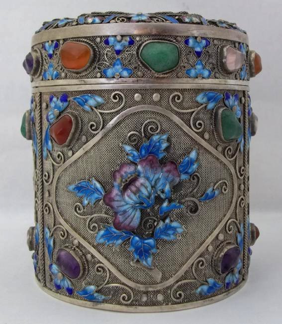 Chinese Silver Enamel Cylinder Box Jade & Semi Precious (1 of 7)