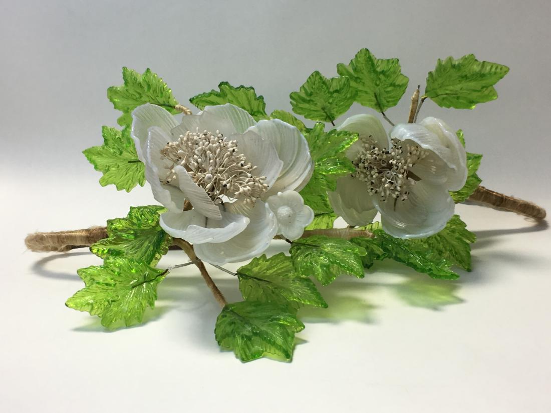 Vintage French Glass 3D Floral Curtain Tie Backs: Circa mid century. Large green and opaque glass floral curtain tie back. Measures 11.5"