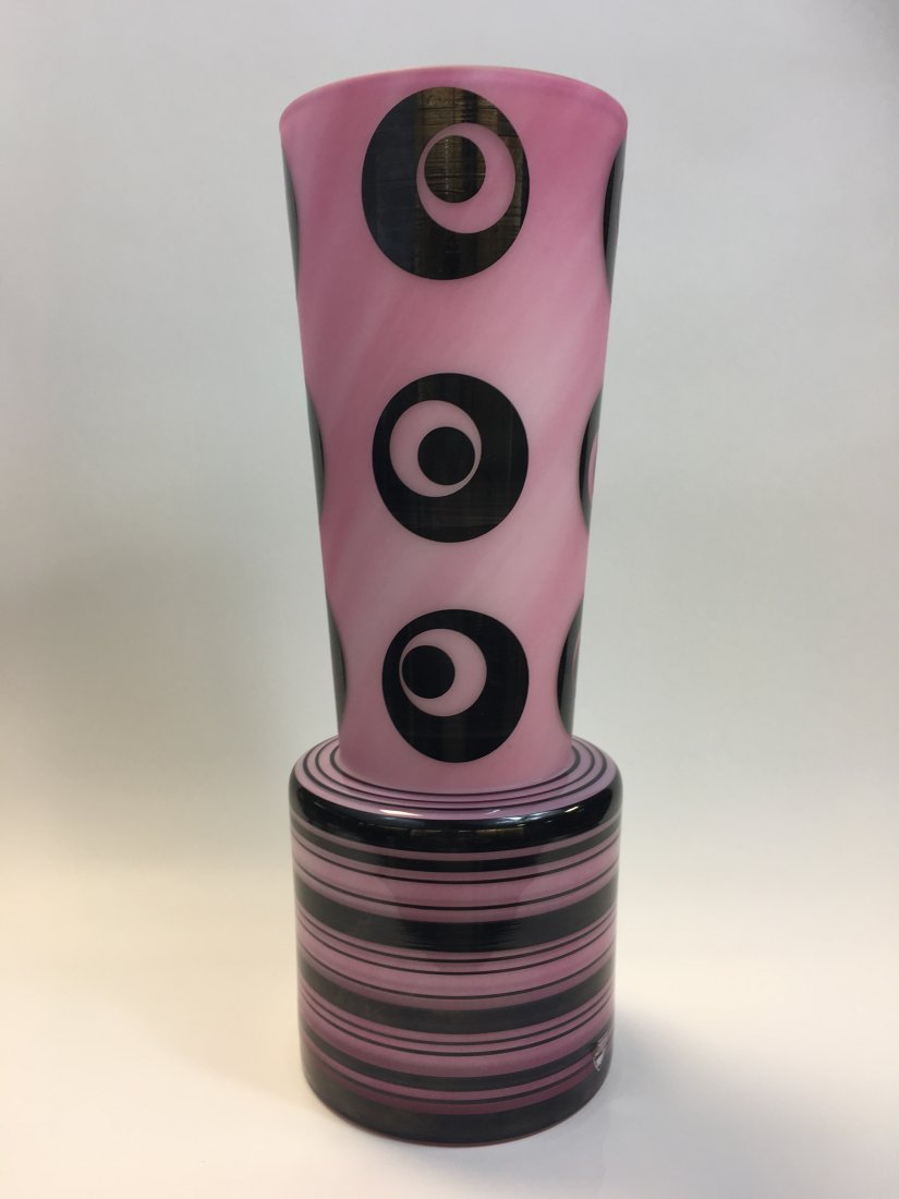 Orrefors Anne Nilsson Whimsical Pink Black Enamel Vase: Circa contemporary. Tall pink vase with applied black deco style circles and strips. Measures 14".