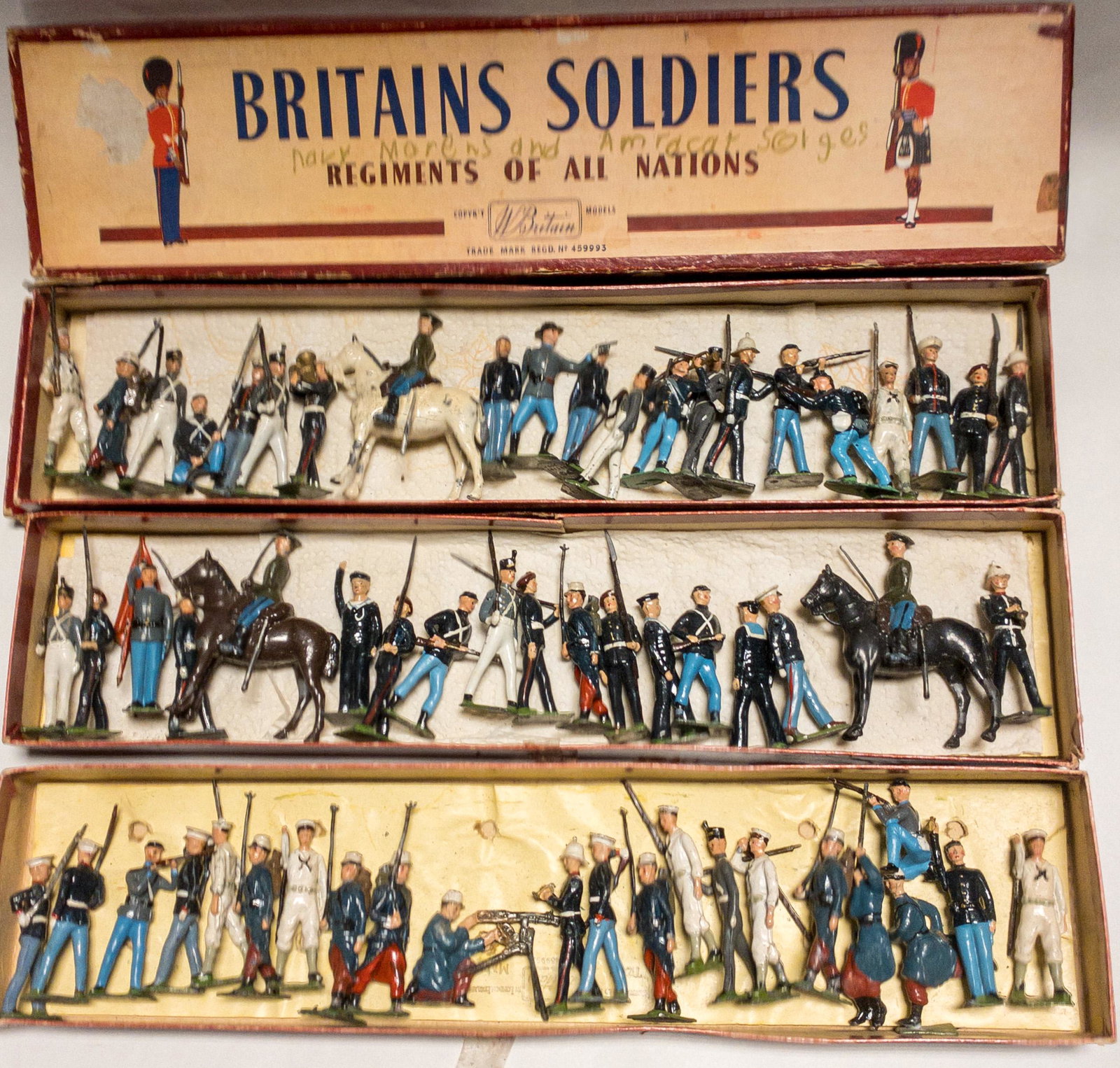 3 Boxes Antique Britains Soldiers Regiments of All: 3 boxes of Antique Britains Soldiers Regiment of all Nations colorful metal figures. Ranging in size from 2" - 3" high. In original boxes.