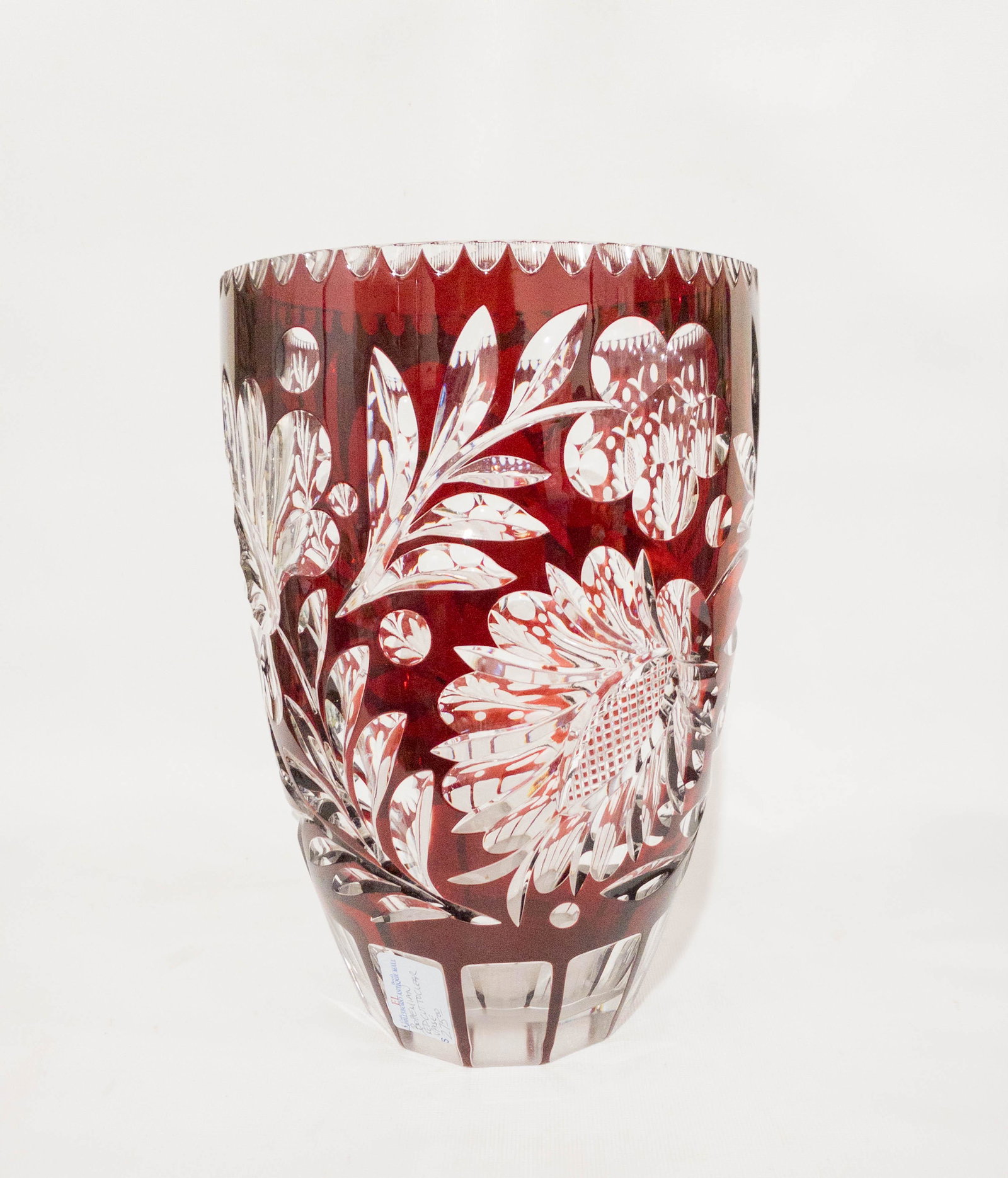 Huge Bohemian Czech Vase Red Cut to Clear: Exceptional large Bohemian vase in ruby red cut to clear in a floral design with a thumbprint upper edge. 11" high, 7.25" diameter at top.